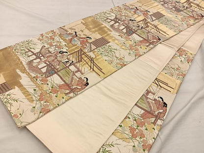 平和屋着物◎六通柄袋帯 時代屏風 機織図写 金糸 正絹 逸品 BAAX0323mz