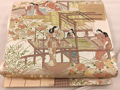 平和屋着物◎六通柄袋帯 時代屏風 機織図写 金糸 正絹 逸品 BAAX0323mz