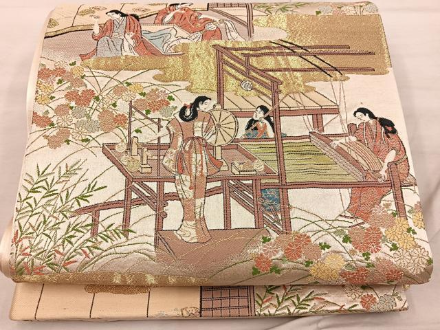 平和屋着物◎六通柄袋帯 時代屏風 機織図写 金糸 正絹 逸品 BAAX0323mz