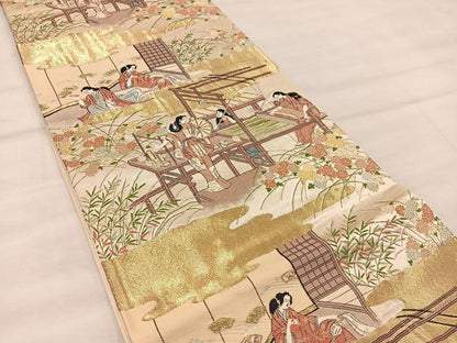 平和屋着物◎六通柄袋帯 時代屏風 機織図写 金糸 正絹 逸品 BAAX0323mz