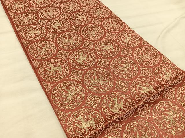 平和屋着物◎六通柄袋帯 動物花丸文 金糸 正絹 逸品 BAAX0324mz