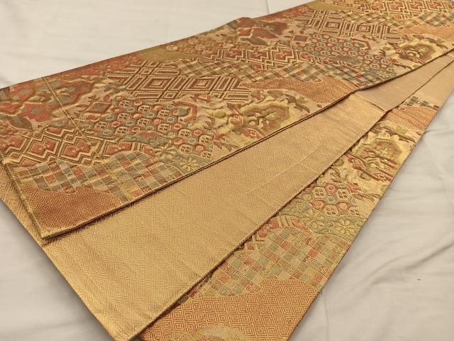 平和屋着物◎佐賀錦　六通柄袋帯　ふくれ織　菱亀甲花文　金糸　正絹　逸品　BAAX0335mz