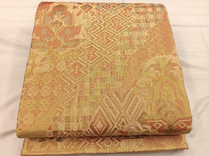 平和屋着物◎佐賀錦　六通柄袋帯　ふくれ織　菱亀甲花文　金糸　正絹　逸品　BAAX0335mz