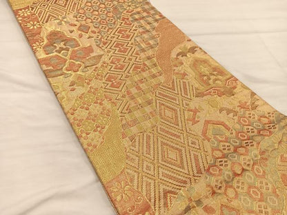 平和屋着物◎佐賀錦　六通柄袋帯　ふくれ織　菱亀甲花文　金糸　正絹　逸品　BAAX0335mz