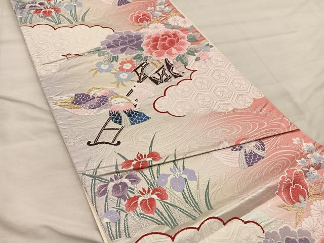 平和屋着物◎六通柄袋帯　唐織　鴛鴦花車文　金銀糸　正絹　逸品　BAAX0336mz