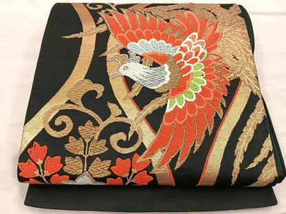 平和屋着物◎六通柄袋帯　鳳凰立涌花文　黒地　金銀糸　正絹　逸品　BAAX0341mz