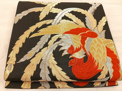 平和屋着物◎六通柄袋帯　鳳凰花文　黒地　金銀糸　正絹　逸品　BAAX0344mz