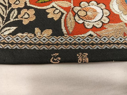 平和屋着物◎六通柄袋帯　更紗花文　黒地　金銀糸　正絹　逸品　BAAX0348mz