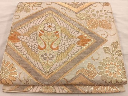 平和屋着物◎六通柄　本袋帯　向かい鶴花文　金糸　正絹　逸品　BAAX0350mz
