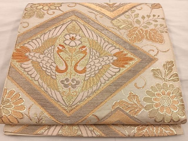 平和屋着物◎六通柄　本袋帯　向かい鶴花文　金糸　正絹　逸品　BAAX0350mz
