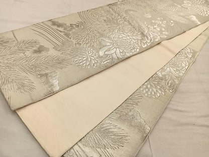 平和屋着物◎六通柄袋帯 飛鶴花文 銀糸 正絹 逸品 BAAX0355mz