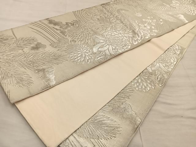 平和屋着物◎六通柄袋帯 飛鶴花文 銀糸 正絹 逸品 BAAX0355mz