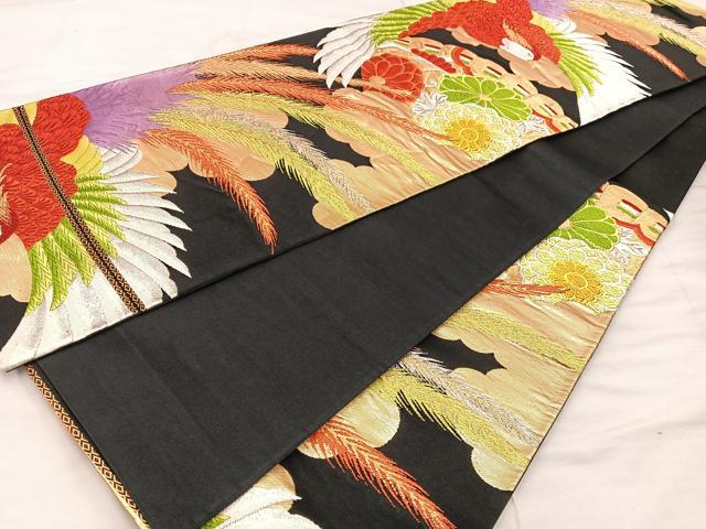 平和屋着物◎六通柄袋帯 唐織 鳳凰花文 黒地 金銀糸 正絹 逸品 BAAX0363mz