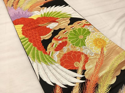 平和屋着物◎六通柄袋帯 唐織 鳳凰花文 黒地 金銀糸 正絹 逸品 BAAX0363mz