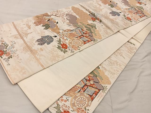 平和屋着物◎西陣　六通柄袋帯　御所車人物花文　金糸　正絹　逸品　BAAX0367mz