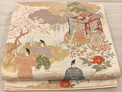 平和屋着物◎西陣　六通柄袋帯　御所車人物花文　金糸　正絹　逸品　BAAX0367mz