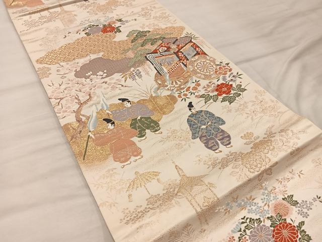 平和屋着物◎西陣　六通柄袋帯　御所車人物花文　金糸　正絹　逸品　BAAX0367mz