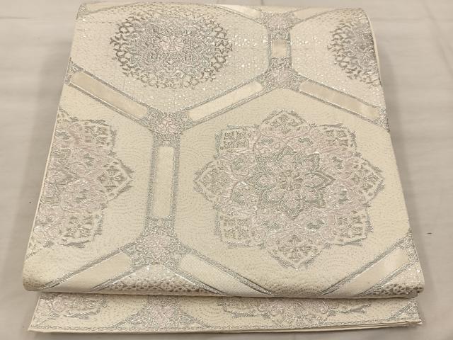 平和屋着物◎六通柄袋帯 亀甲花文 銀糸 正絹 逸品 BAAX0371mz