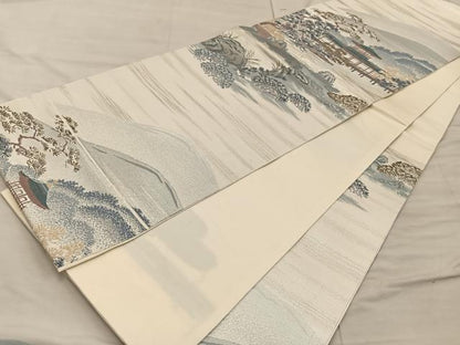 平和屋着物◎六通柄袋帯 風景文 銀糸 正絹 逸品 BAAX0377mz