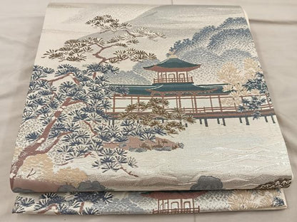平和屋着物◎六通柄袋帯 風景文 銀糸 正絹 逸品 BAAX0377mz