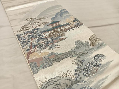 平和屋着物◎六通柄袋帯 風景文 銀糸 正絹 逸品 BAAX0377mz