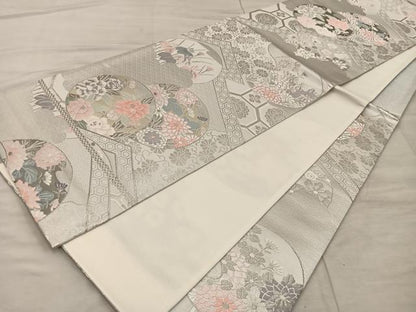 平和屋着物◎六通柄袋帯 唐織 正倉院花文 銀糸 正絹 逸品 BAAX0382mz