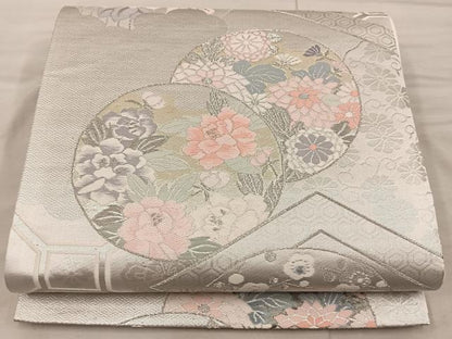 平和屋着物◎六通柄袋帯 唐織 正倉院花文 銀糸 正絹 逸品 BAAX0382mz