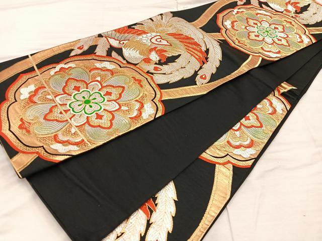 平和屋着物◎六通柄袋帯　鳳凰花文　黒地　金銀糸　正絹　逸品　BAAX0405mz