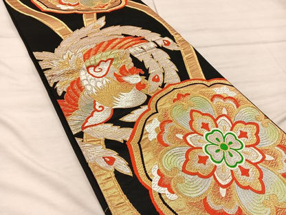 平和屋着物◎六通柄袋帯　鳳凰花文　黒地　金銀糸　正絹　逸品　BAAX0405mz