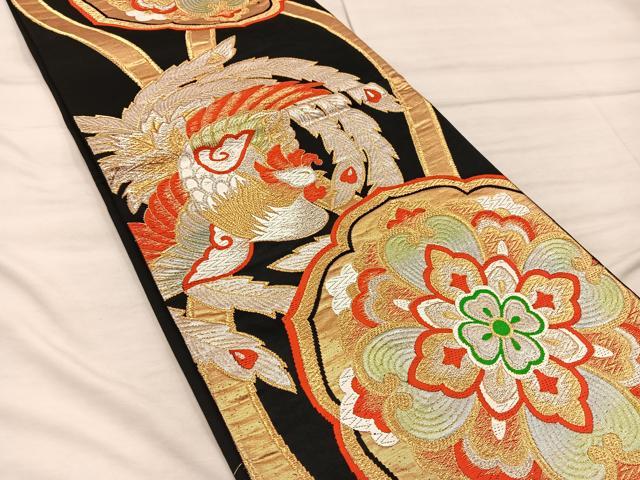 平和屋着物◎六通柄袋帯　鳳凰花文　黒地　金銀糸　正絹　逸品　BAAX0405mz