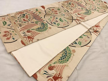 平和屋着物◎全通柄 京袋帯 引き抜き帯 鳳凰花文 金糸 正絹 逸品 BAAX0420mz