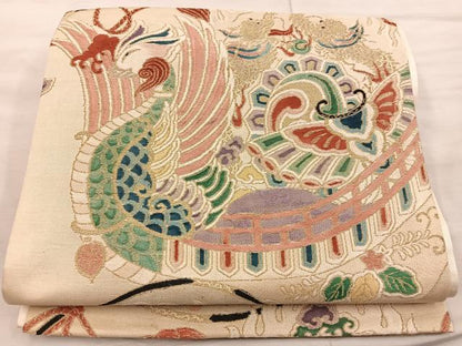 平和屋着物◎全通柄 京袋帯 引き抜き帯 鳳凰花文 金糸 正絹 逸品 BAAX0420mz