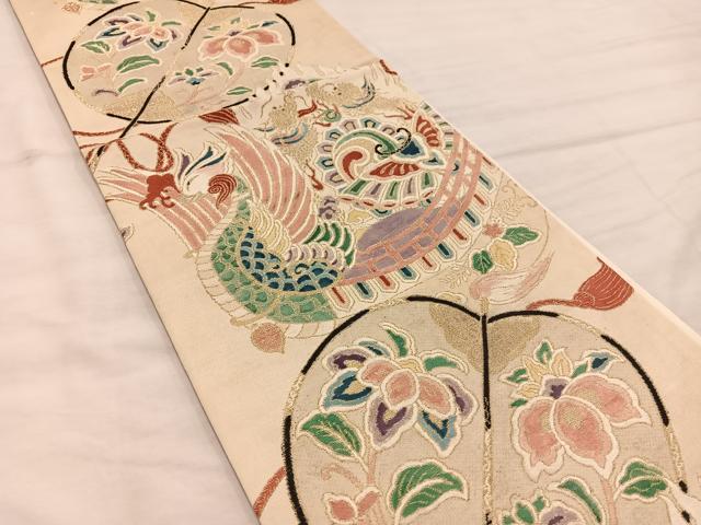 平和屋着物◎全通柄 京袋帯 引き抜き帯 鳳凰花文 金糸 正絹 逸品 BAAX0420mz
