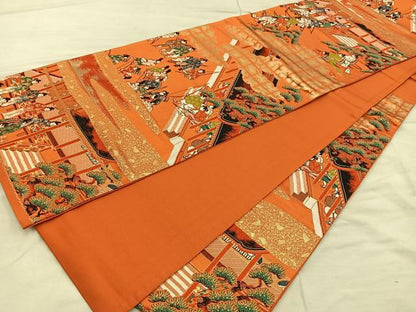 平和屋着物◎六通柄袋帯 唐織 双鶴花文 金糸 正絹 逸品 BAAX0423mz