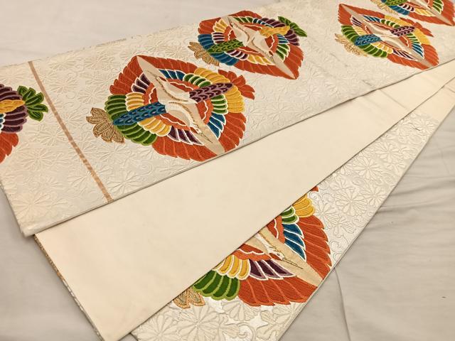 平和屋着物◎六通柄袋帯 唐織 双鶴花文 金糸 正絹 逸品 BAAX0424mz