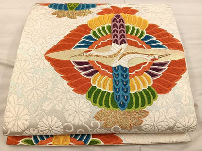 平和屋着物◎六通柄袋帯 唐織 双鶴花文 金糸 正絹 逸品 BAAX0424mz