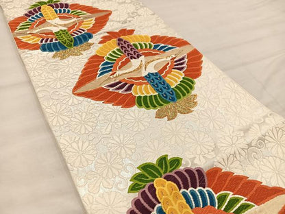 平和屋着物◎六通柄袋帯 唐織 双鶴花文 金糸 正絹 逸品 BAAX0424mz