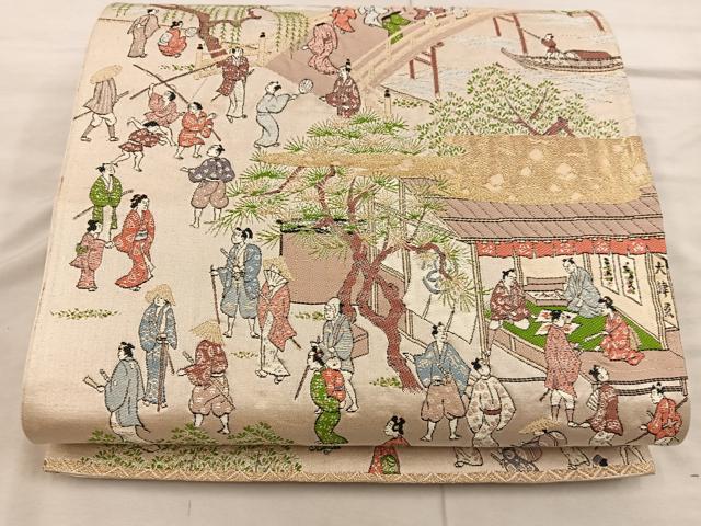 平和屋着物◎六通柄袋帯　人物風景文　金糸　正絹　逸品　BAAX0430mz