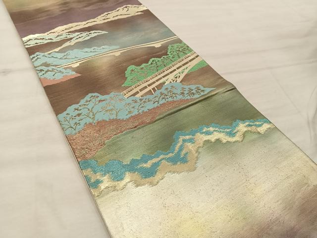 平和屋着物◎六通柄袋帯　樹林風景文　金糸　引箔　正絹　逸品　BAAX0441mz