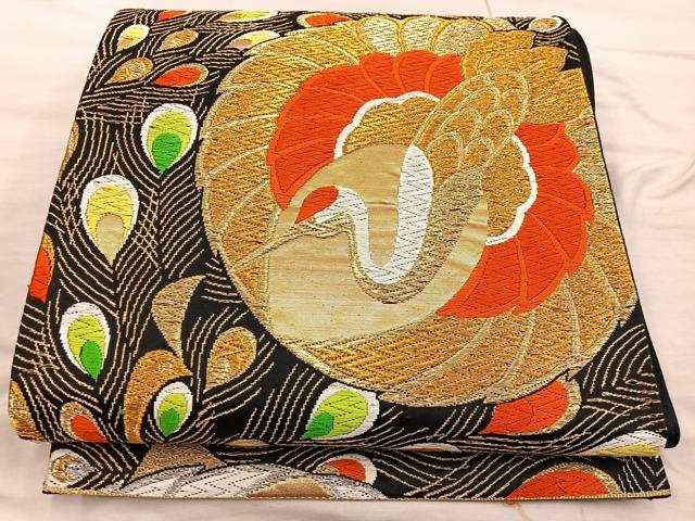 平和屋着物◎六通柄袋帯 唐織 孔雀飛鶴文 黒地 金銀糸 正絹 逸品 BAAX0450mz
