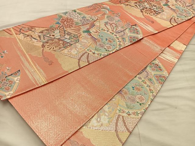 平和屋着物◎佐賀錦 六通柄袋帯 扇舞御所車文 正絹 逸品 BAAX0454mz