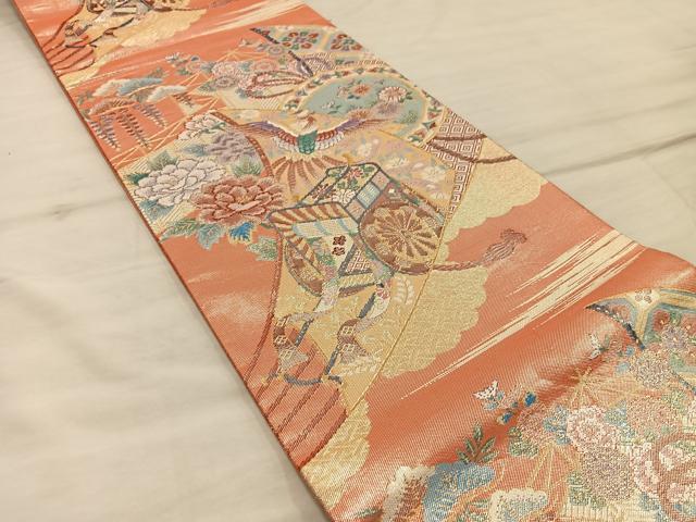 平和屋着物◎佐賀錦 六通柄袋帯 扇舞御所車文 正絹 逸品 BAAX0454mz
