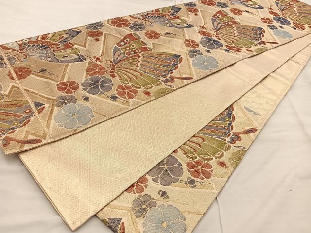 平和屋着物◎佐賀錦　六通柄袋帯　松皮菱舞蝶花文　金糸　正絹　逸品　BAAX0461mz