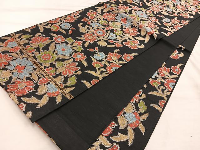 平和屋着物◎六通柄本袋帯 都錦 更紗花文 黒地 金銀糸 正絹 逸品 BAAX0464mz