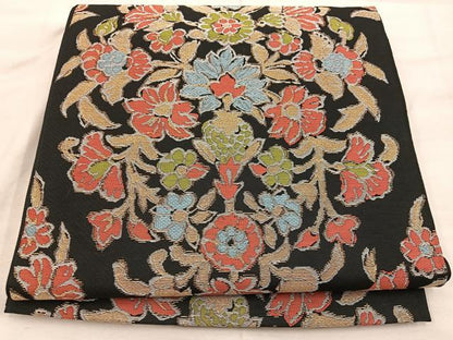 平和屋着物◎六通柄本袋帯 都錦 更紗花文 黒地 金銀糸 正絹 逸品 BAAX0464mz