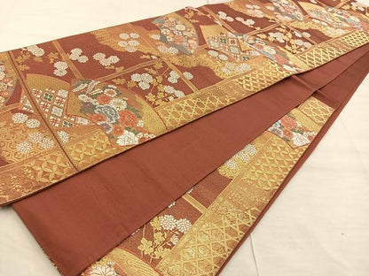 平和屋着物◎六通柄袋帯　地紙重ね花文　金糸　正絹　逸品　BAAX0466mz