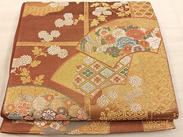 平和屋着物◎六通柄袋帯　地紙重ね花文　金糸　正絹　逸品　BAAX0466mz