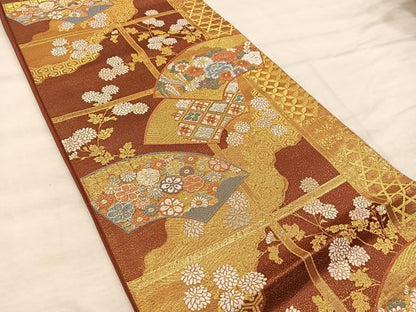 平和屋着物◎六通柄袋帯　地紙重ね花文　金糸　正絹　逸品　BAAX0466mz