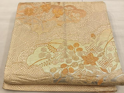 平和屋着物◎六通柄袋帯　雲取り花文　金糸　正絹　逸品　BAAX0468mz