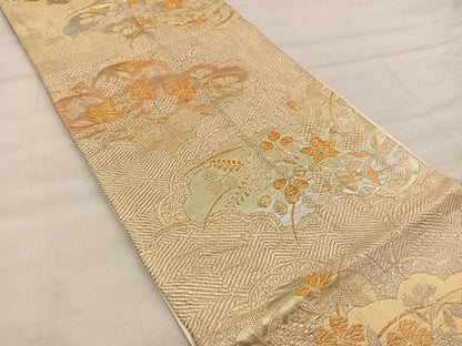 平和屋着物◎六通柄袋帯　雲取り花文　金糸　正絹　逸品　BAAX0468mz